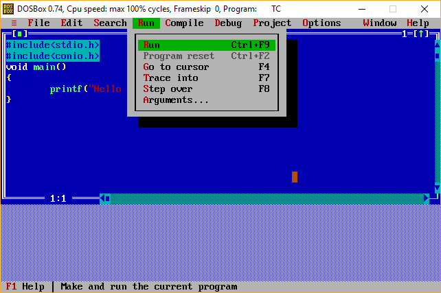 Turbo C Menu Run Options