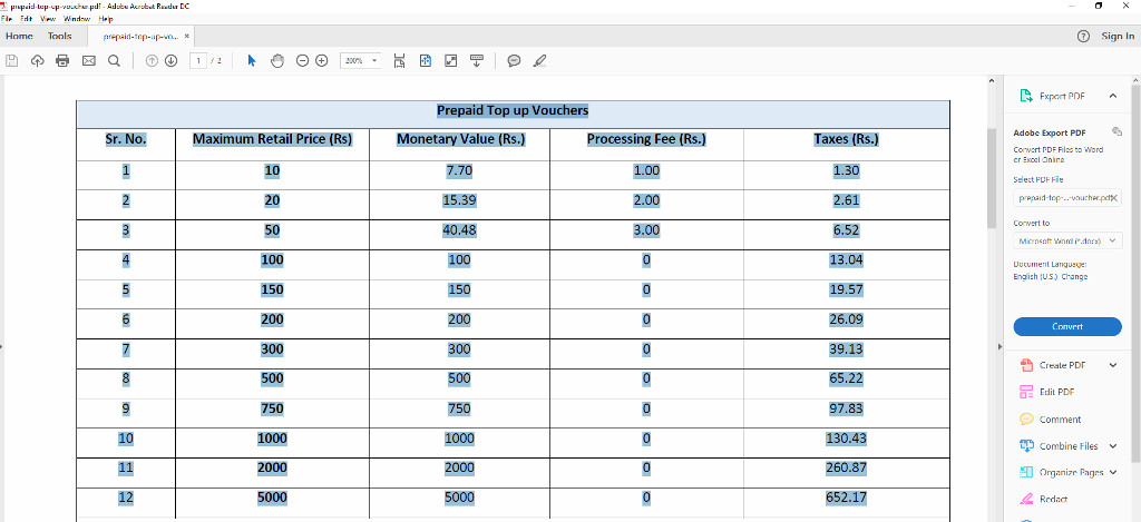tables on pdf file