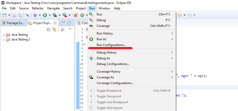 Eclipse Run Configurations option menu screen