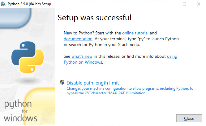 Python Successful Installation Window
