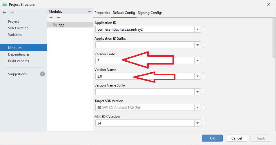 Android Studio Module Settings Screen with Version Code and Name options