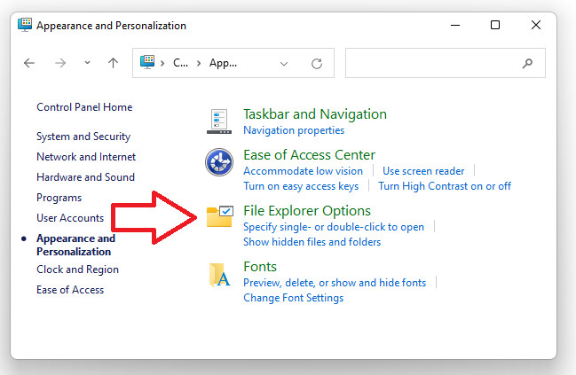 Finding File Explorer Options app inside Control Panel