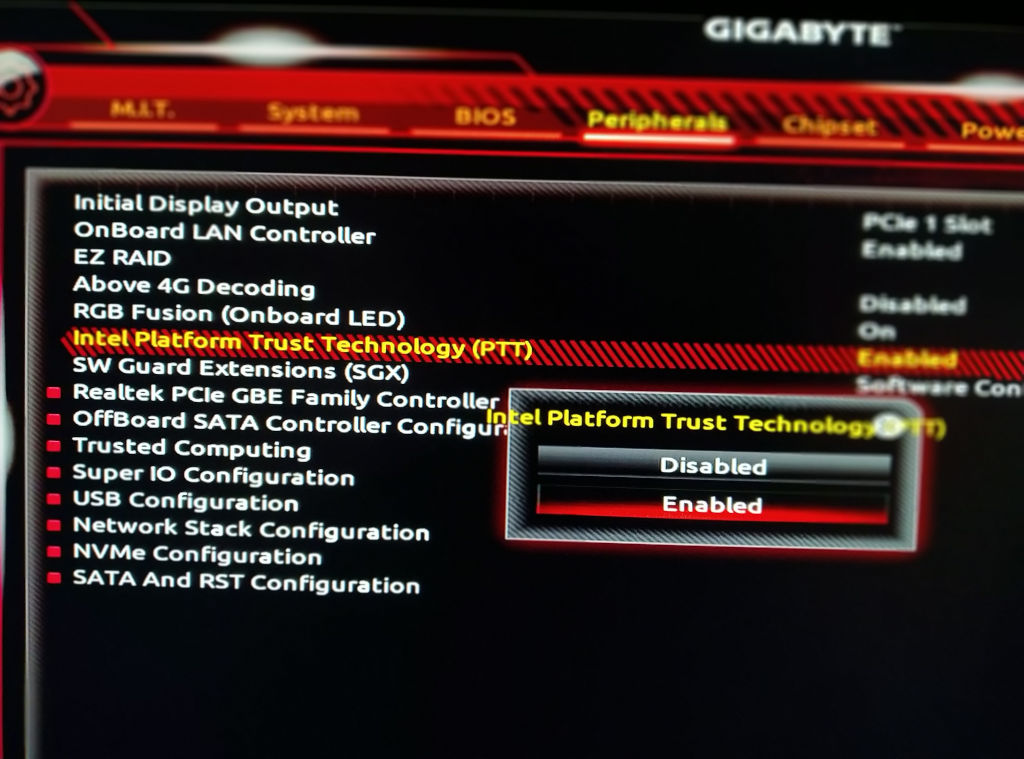 Gigabyte Motherboard Intel Platform Trust Technology PTT option under BIOS PERIPHERALS
