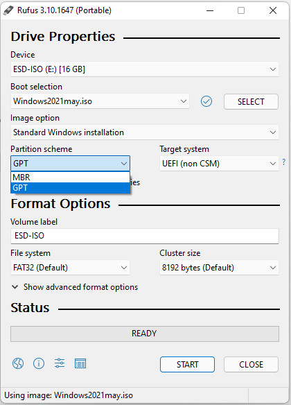 Using RUFUS to create bootable pendrive to install windows 10 or 11