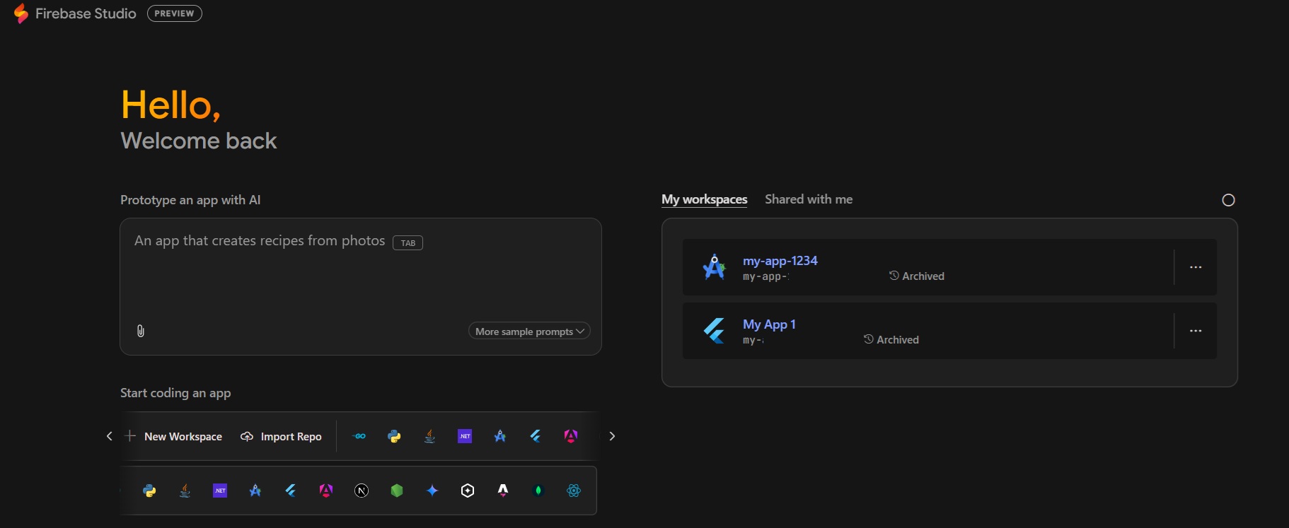 Firebase Studio Home Screen