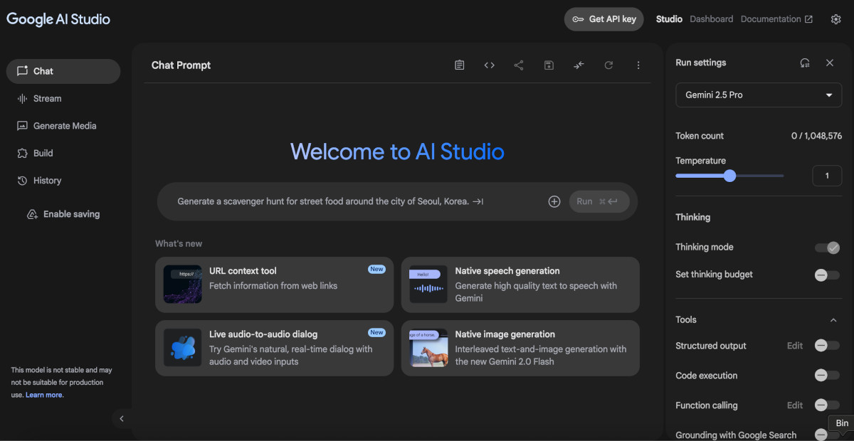 Google AI Studio various components